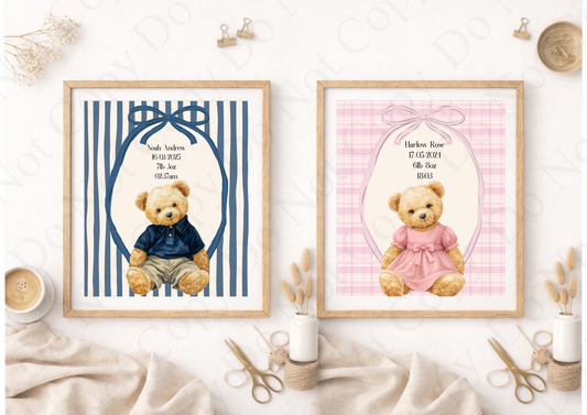 Personalised Baby Birth Print A4 Teddy Bear Nursery Wall Art