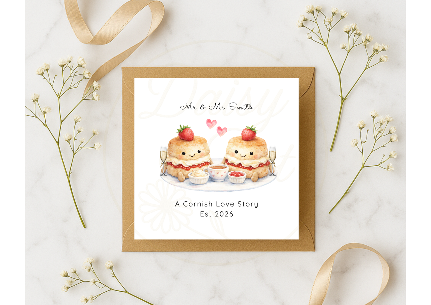 Personalised Mr & Mrs Wedding Card - Cornish Cream Tea Themed