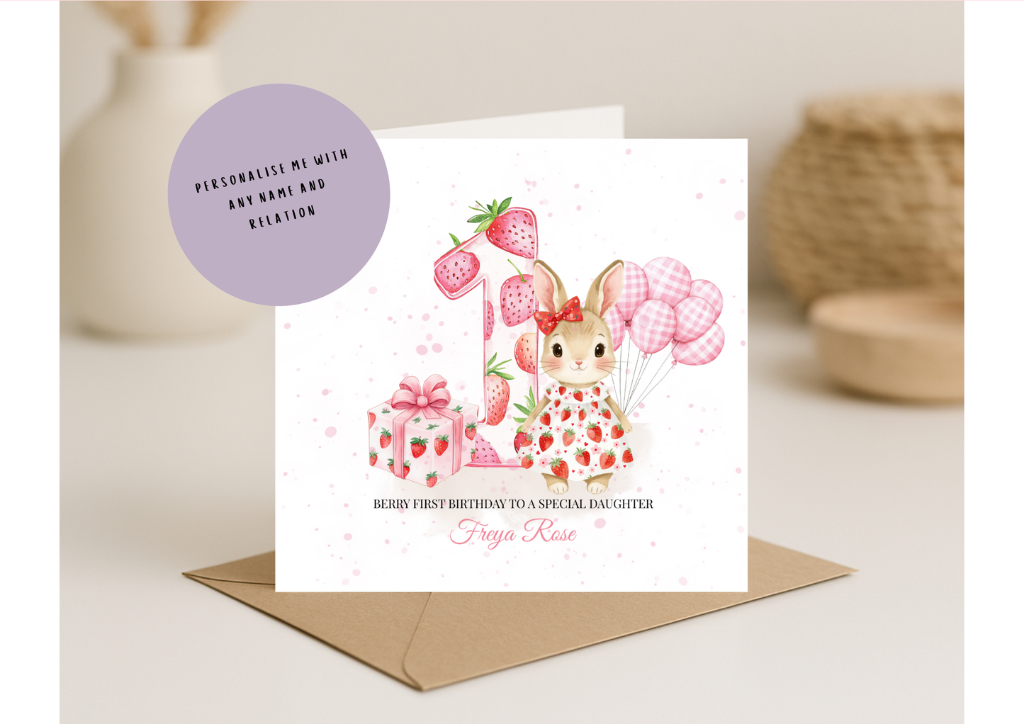 Berry First Birthday Card | Personalised 1st Birthday Card for Baby Girl For Daughter, Granddaughter, Niece